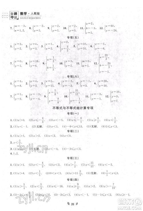 延边大学出版社2022点石成金金牌夺冠七年级下册数学人教版参考答案