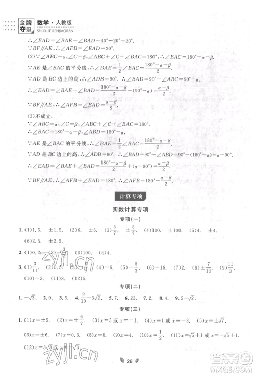 延边大学出版社2022点石成金金牌夺冠七年级下册数学人教版参考答案