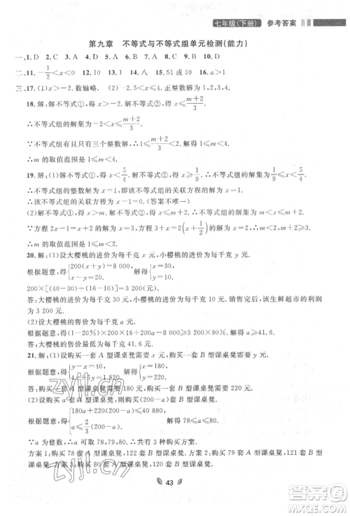 延边大学出版社2022点石成金金牌夺冠七年级下册数学人教版参考答案