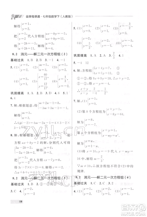 延边大学出版社2022点石成金金牌每课通七年级下册数学人教版参考答案