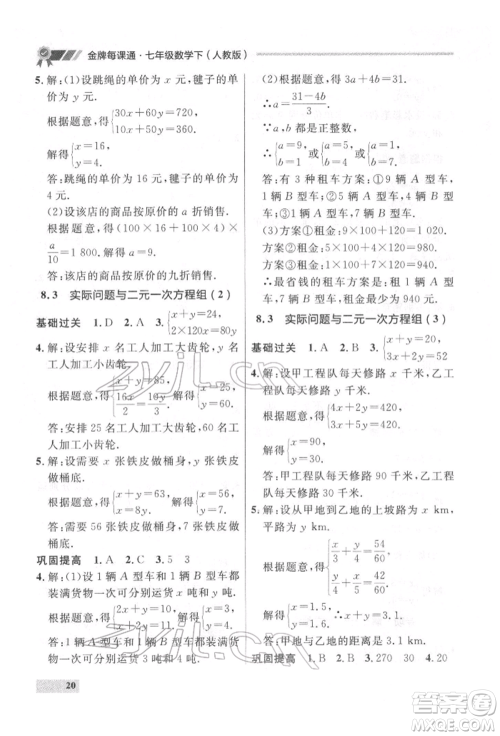 延边大学出版社2022点石成金金牌每课通七年级下册数学人教版参考答案