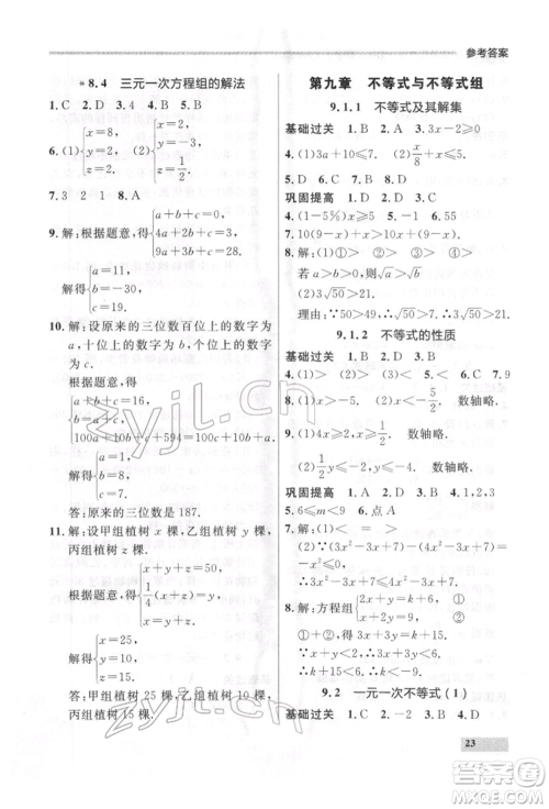 延边大学出版社2022点石成金金牌每课通七年级下册数学人教版参考答案