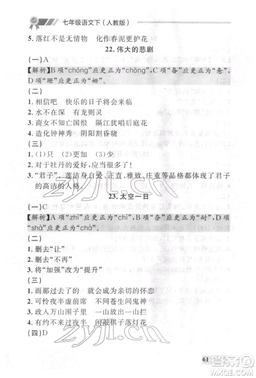 延边大学出版社2022点石成金金牌每课通七年级下册语文人教版参考答案