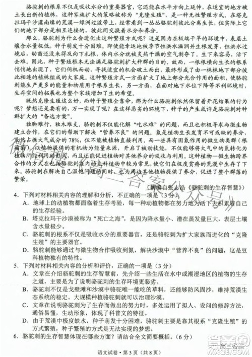 2022年云南省第二次高中毕业生复习统一检测语文试题及答案