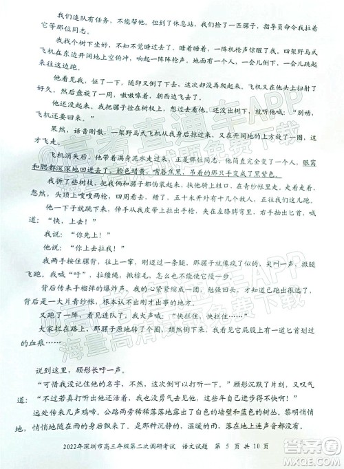 2022年深圳市高三年级第二次调研考试语文试题及答案 2022年深圳市高三年级第二次调研考试语文试题及答案