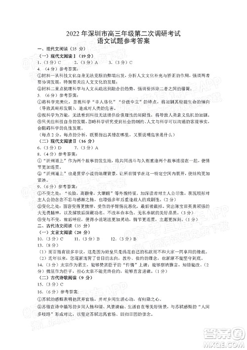 2022年深圳市高三年级第二次调研考试语文试题及答案 2022年深圳市高三年级第二次调研考试语文试题及答案