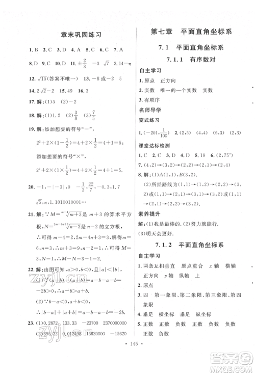 陕西人民出版社2022实验教材新学案七年级下册数学人教版参考答案