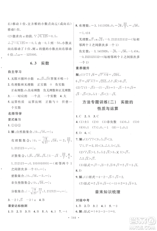 陕西人民出版社2022实验教材新学案七年级下册数学人教版参考答案