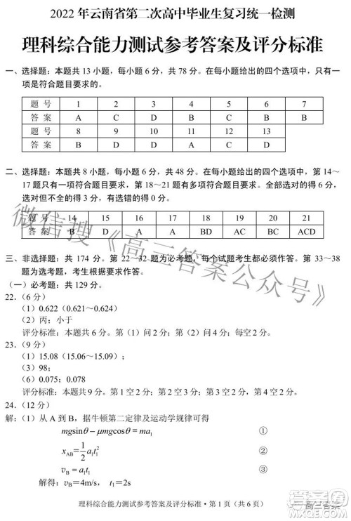 2022年云南省第二次高中毕业生复习统一检测理科综合试题及答案