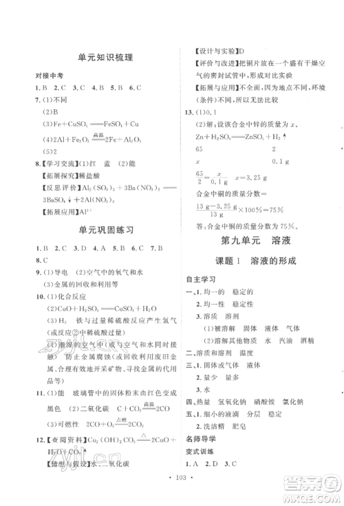 陕西人民出版社2022实验教材新学案九年级下册化学人教版参考答案 陕西人民出版社2022实验教材新学案九年级下册化学人教版参考答案