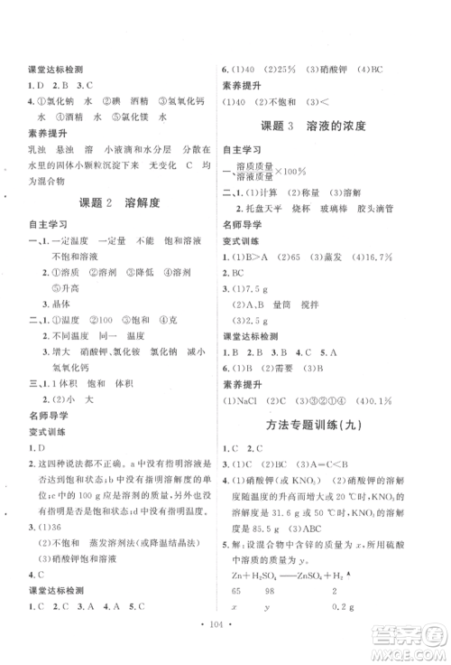陕西人民出版社2022实验教材新学案九年级下册化学人教版参考答案 陕西人民出版社2022实验教材新学案九年级下册化学人教版参考答案