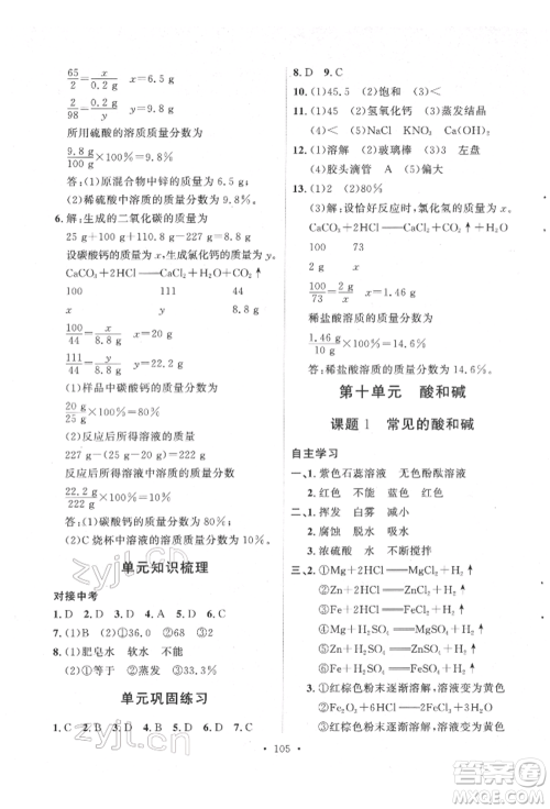 陕西人民出版社2022实验教材新学案九年级下册化学人教版参考答案