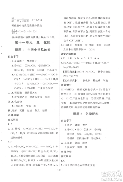 陕西人民出版社2022实验教材新学案九年级下册化学人教版参考答案 陕西人民出版社2022实验教材新学案九年级下册化学人教版参考答案