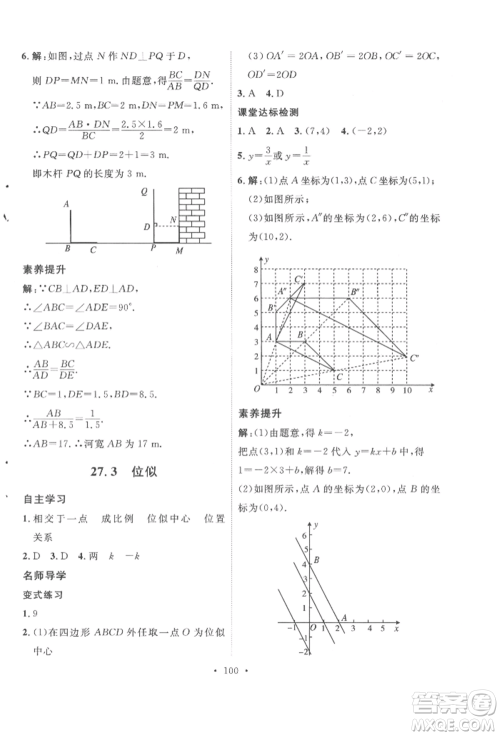 陕西人民出版社2022实验教材新学案九年级下册数学人教版参考答案