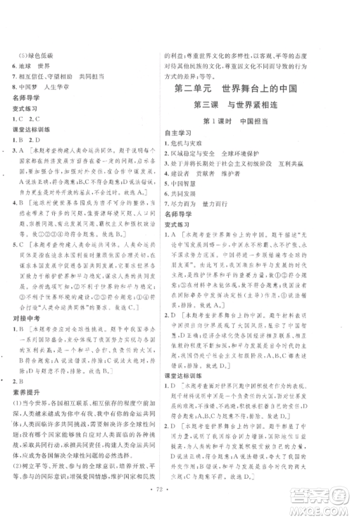 陕西人民出版社2022实验教材新学案九年级下册道德与法治人教版参考答案