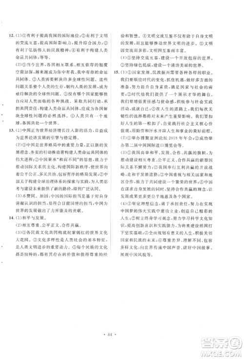 陕西人民出版社2022实验教材新学案九年级下册道德与法治人教版参考答案