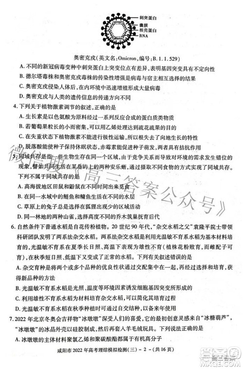 咸阳市2022年高考模拟检测三理科综合试题及答案