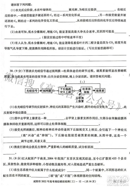 咸阳市2022年高考模拟检测三理科综合试题及答案