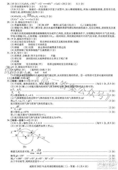 咸阳市2022年高考模拟检测三理科综合试题及答案