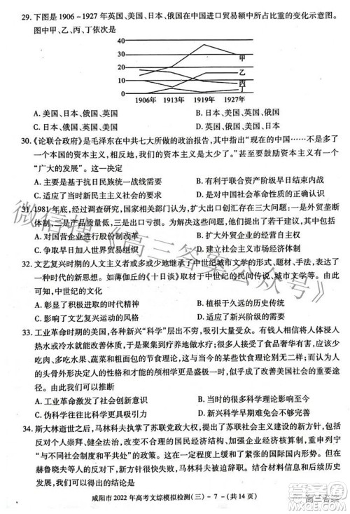 咸阳市2022年高考模拟检测三文科综合试题及答案 咸阳市2022年高考模拟检测三文科综合试题及答案