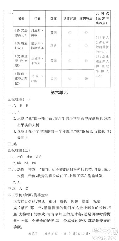 龙门书局2022黄冈小状元作业本六年级语文下册R人教版广东专版答案