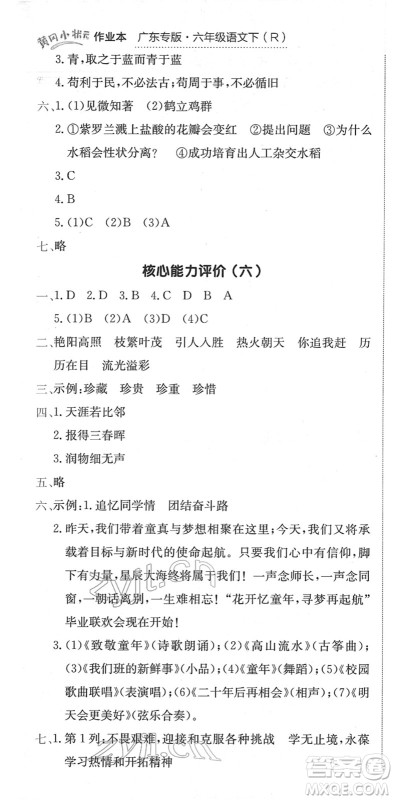 龙门书局2022黄冈小状元作业本六年级语文下册R人教版广东专版答案