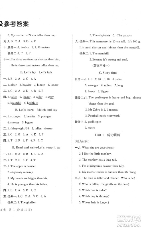 龙门书局2022黄冈小状元作业本六年级英语下册RP人教PEP版广东专版答案