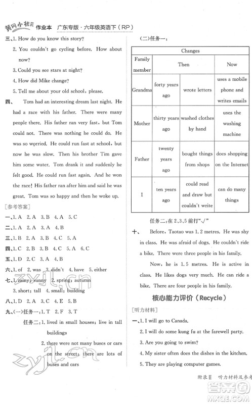 龙门书局2022黄冈小状元作业本六年级英语下册RP人教PEP版广东专版答案