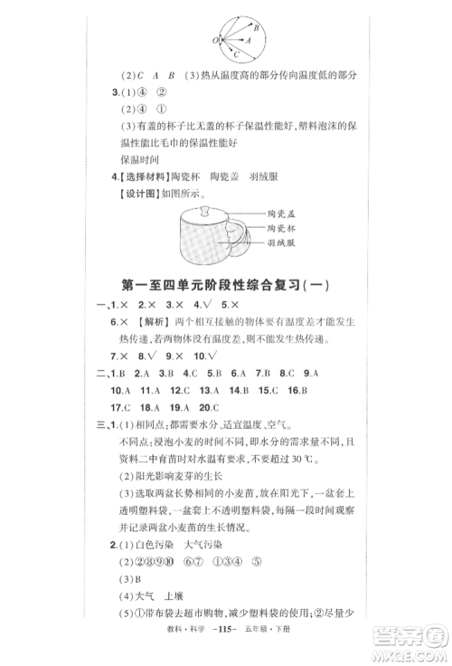 武汉出版社2022状元成才路创优作业100分五年级下册科学教科版参考答案