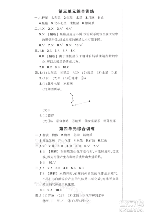 武汉出版社2022状元成才路创优作业100分六年级下册科学教科版参考答案