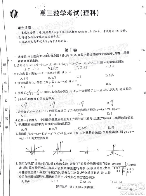 2022贵州金太阳高三4月联考理科数学试题及答案 2022贵州金太阳高三4月联考理科数学试题及答案