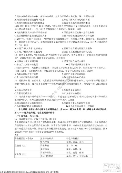 天一大联考皖豫名校联盟体2022届高中毕业班第三次考试文科综合试题及答案