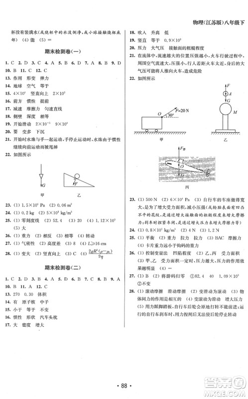 江苏凤凰美术出版社2022成长空间全程跟踪测试卷八年级物理下册江苏版答案