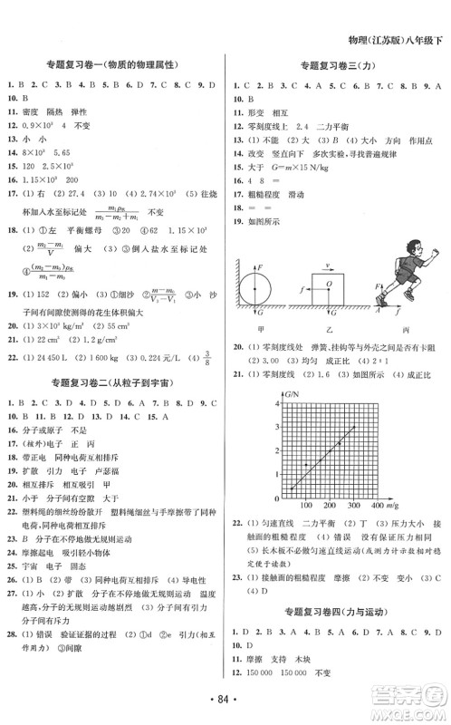 江苏凤凰美术出版社2022成长空间全程跟踪测试卷八年级物理下册江苏版答案