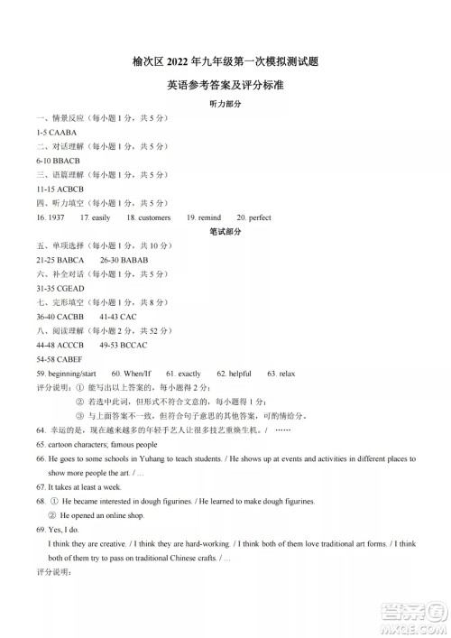 榆次区2022年九年级第一次模拟测试题英语试卷及答案 榆次区2022年九年级第一次模拟测试题英语试卷及答案