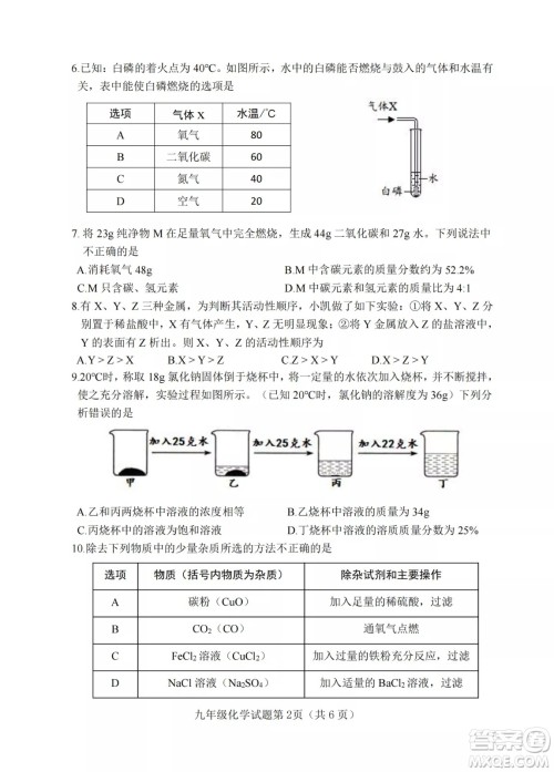 榆次区2022年九年级第一次模拟测试题化学试卷及答案