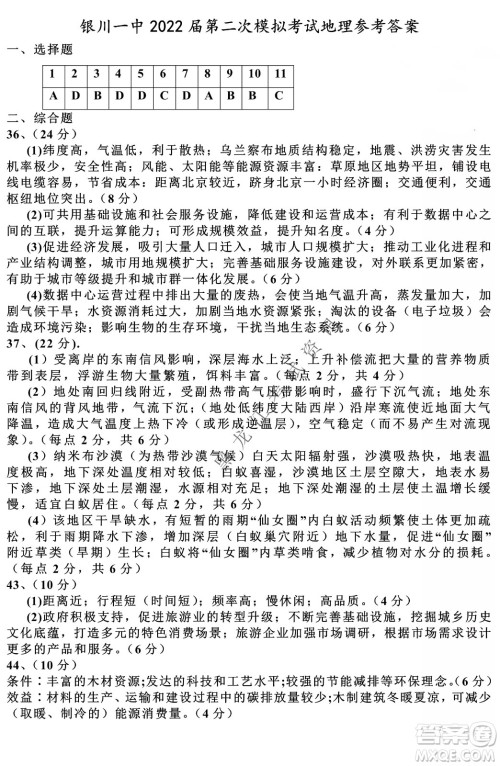2022银川一中第二次模拟考试文科综合能力测试试卷及答案 2022银川一中第二次模拟考试文科综合能力测试试卷及答案