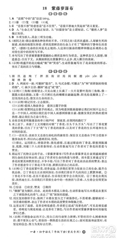 湖南教育出版社2022一本同步训练七年级语文下册RJ人教版重庆专版答案