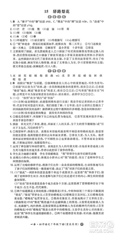 湖南教育出版社2022一本同步训练七年级语文下册RJ人教版重庆专版答案