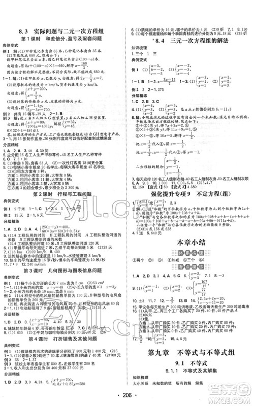湖南教育出版社2022一本同步训练七年级数学下册RJ人教版重庆专版答案