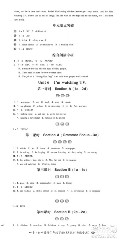 湖南教育出版社2022一本同步训练七年级英语下册RJ人教版安徽专版答案