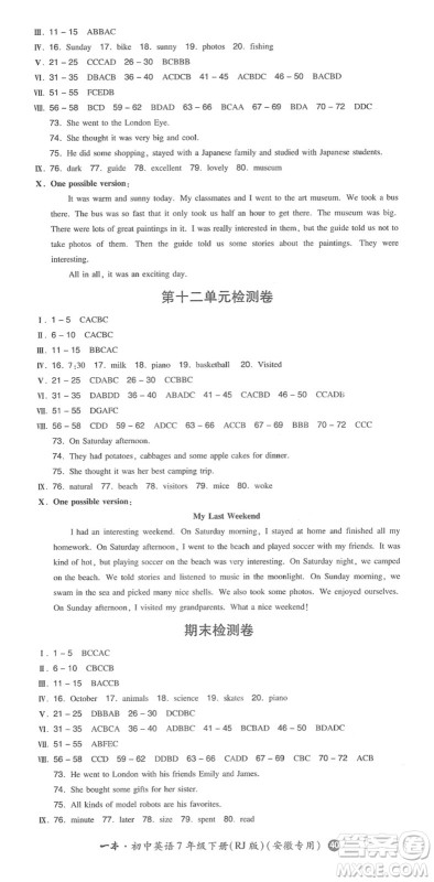 湖南教育出版社2022一本同步训练七年级英语下册RJ人教版安徽专版答案