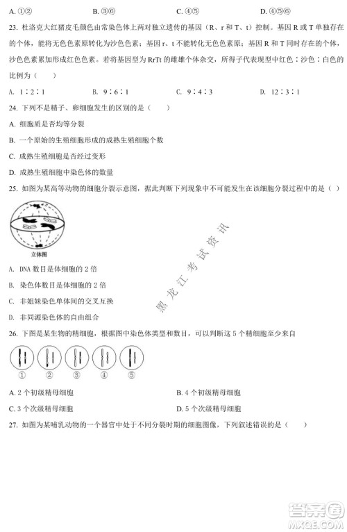 哈九中2021级高一下学期4月生物阶段性验收考试试题及答案