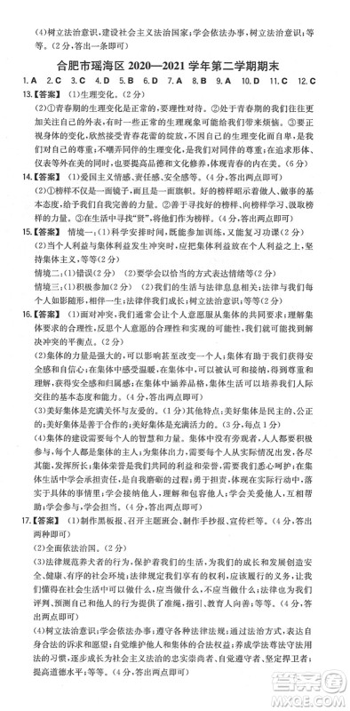 湖南教育出版社2022一本同步训练七年级道德与法治下册RJ人教版安徽专版答案