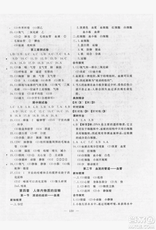 湖北科学技术出版社2022高效课堂导学案七年级下册生物通用版参考答案