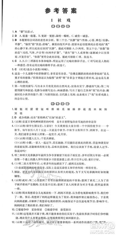 湖南教育出版社2022一本同步训练八年级语文下册RJ人教版重庆专版答案