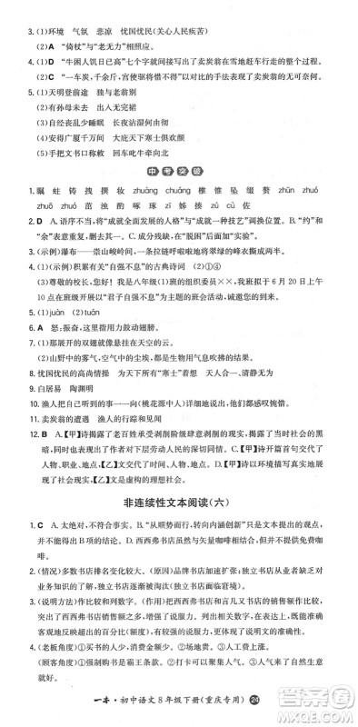 湖南教育出版社2022一本同步训练八年级语文下册RJ人教版重庆专版答案