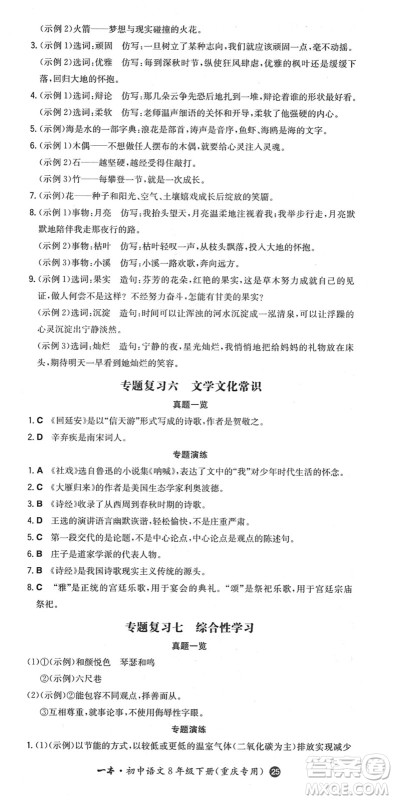 湖南教育出版社2022一本同步训练八年级语文下册RJ人教版重庆专版答案