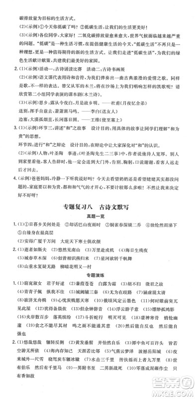 湖南教育出版社2022一本同步训练八年级语文下册RJ人教版重庆专版答案