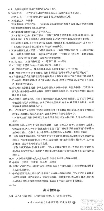 湖南教育出版社2022一本同步训练八年级语文下册RJ人教版重庆专版答案